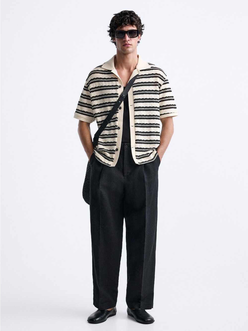 ZARA Men’s Striped Collared Button Down Knit Short Sleeve Cardigan - S